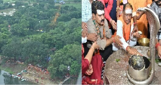 Chhattisgarh: CM Sai and Deputy CM Sharma showered flowers on Kanwadis from helicopter, gave grand welcome in Bhoramdev