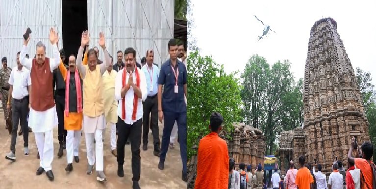 Chhattisgarh: CM Sai, Deputy CM and Speaker Raman Singh showered flowers on Kanwariyas in Bhoramdev from a helicopter