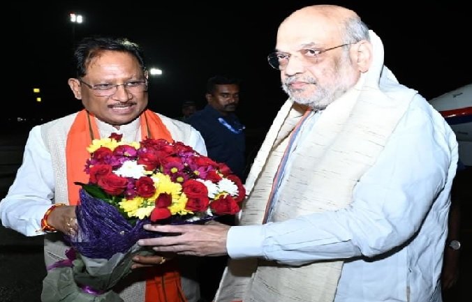 Raipur: Union Home Minister Amit Shah arrives on a two-day visit to Chhattisgarh, CM Sai welcomes him at the airport