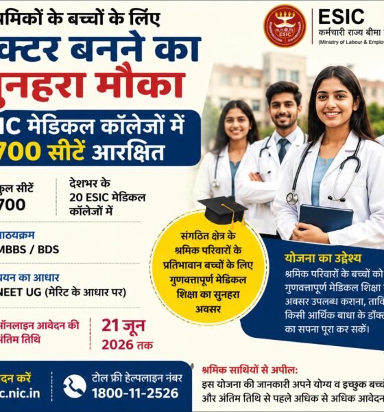 ESIC medical college admission, NEET UG 2026, ESIC reserved seats, workers children MBBS admission, labour department scheme, ESIC MBBS seats, medical admission India, ESIC BDS admission, श्रमिकों के बच्चों के लिए मेडिकल सीट, ESIC news