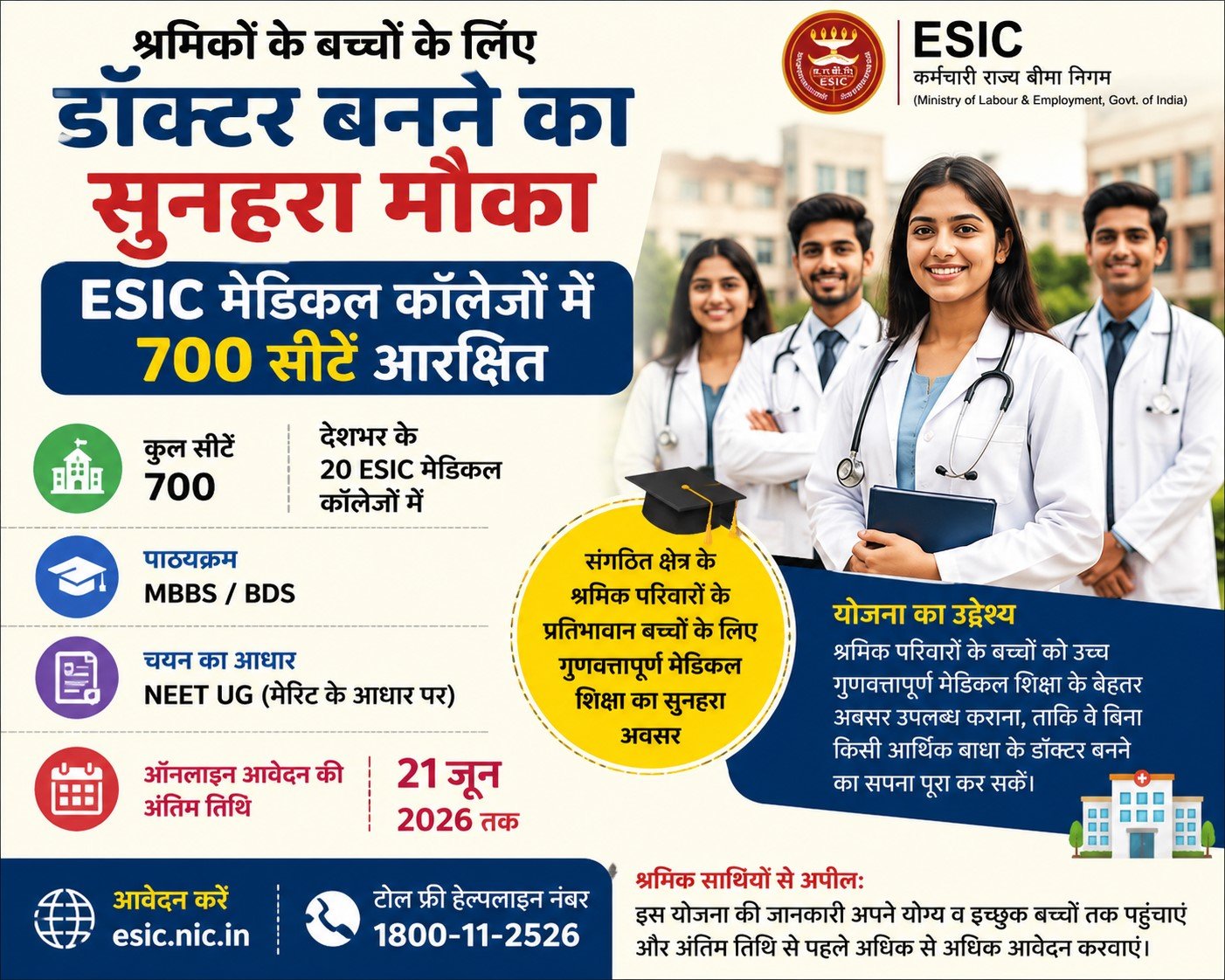 ESIC medical college admission, NEET UG 2026, ESIC reserved seats, workers children MBBS admission, labour department scheme, ESIC MBBS seats, medical admission India, ESIC BDS admission, श्रमिकों के बच्चों के लिए मेडिकल सीट, ESIC news