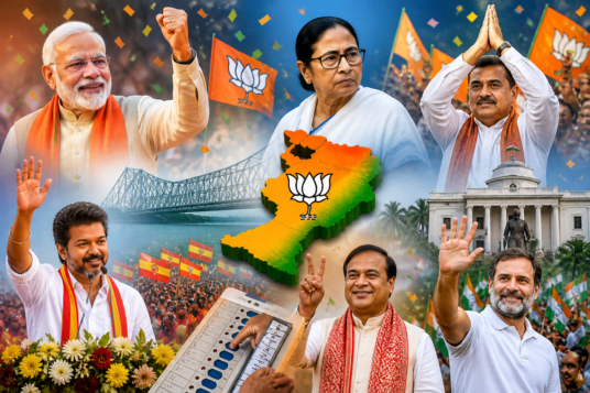 कीवर्ड: West Bengal Election 2026, BJP Bengal Victory, Mamata Banerjee Defeat, Suvendu Adhikari, Tamil Nadu Election 2026, TVK Vijay Party, Assam Election Result, Kerala Election Result, Narendra Modi, Assembly Election Results