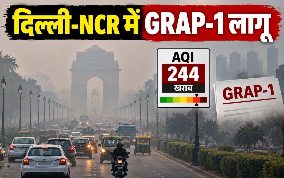दिल्ली में GRAP-1 लागू, दिल्ली AQI 244, दिल्ली प्रदूषण, CAQM, GRAP नियम, NCR वायु गुणवत्ता