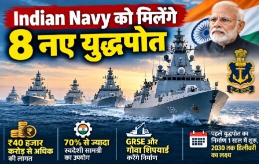 भारतीय नौसेना के लिए प्रस्तावित आठ नए स्वदेशी कॉर्वेट युद्धपोतों को दर्शाता रक्षा समाचार ग्राफिक